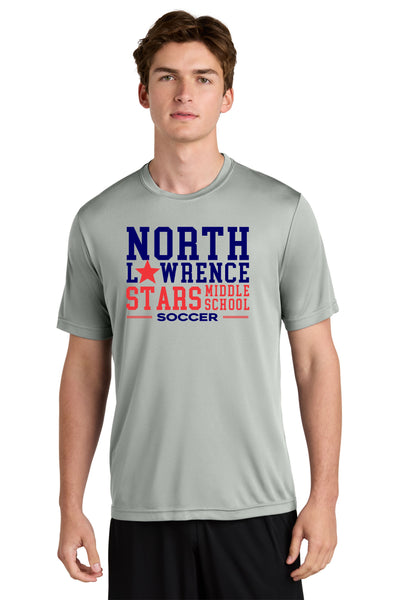 #098 MIDDLE SCHOOL SOCCER, SS DRI FIT T SHIRT, SILVER, YOUTH & ADULT, ST350 DESIGN 1